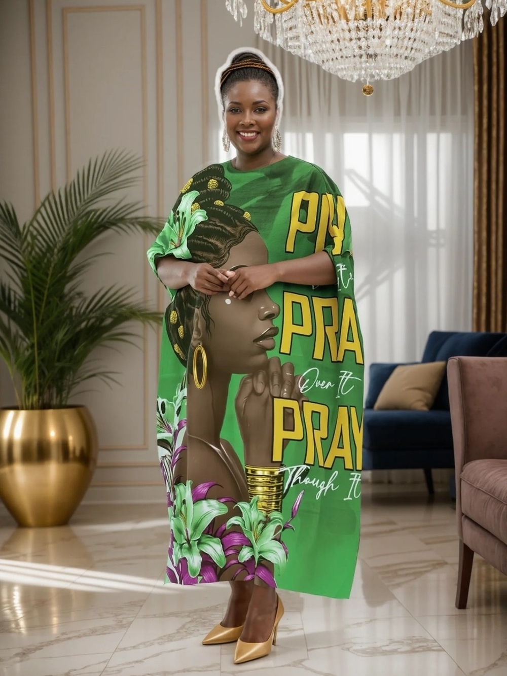 Green Statement Kaftan with Graphic Woman Print